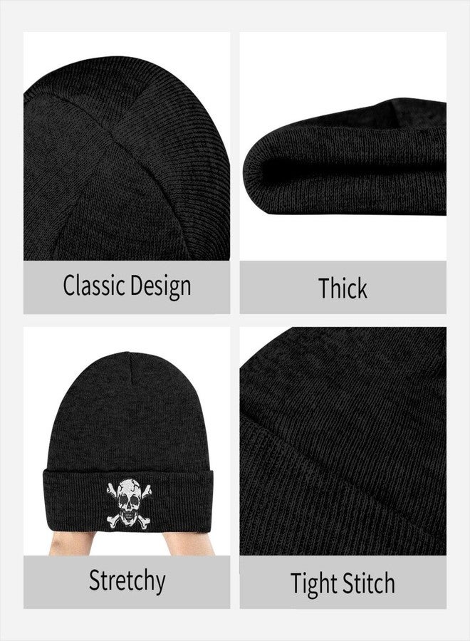 Vxchkerm Skeleton Beanie Hats for Men Women, Funny Halloween Knitted Cuffed Crossbones Cap, Warm Soft Stretchy Embroidered Skull Beanies Winter Hat Black - Image 5